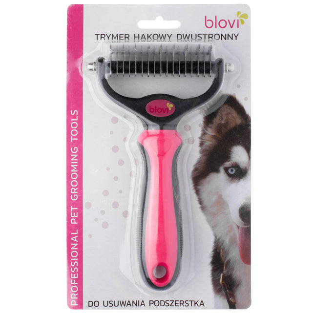 Blovi Double Undercoat Rake Pink - Double-sided dog trimmer, pink.
