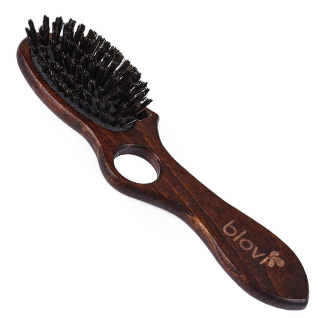 Blovi Wood Brush - small wooden brush with natural bristles and a finger hole, for breeds with short and/or fine hair.