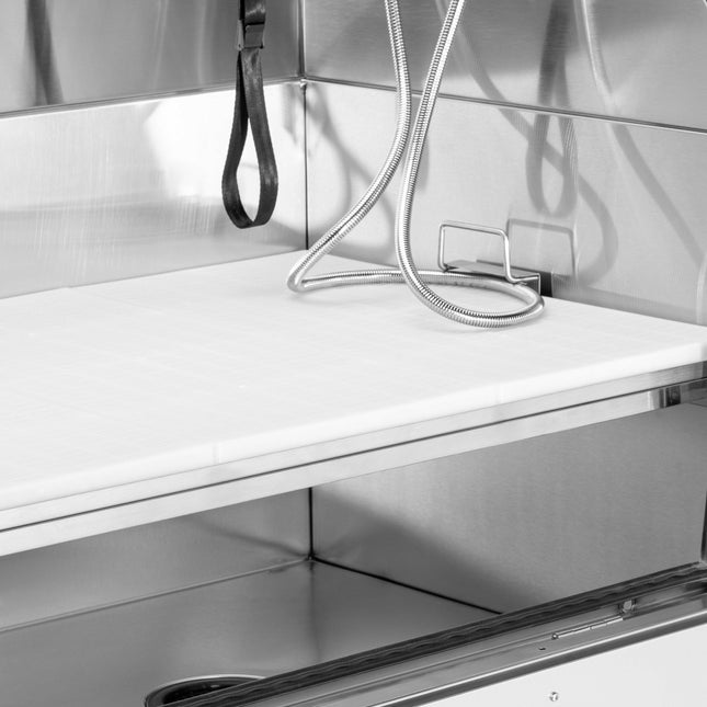 Blovi Stainless Electric Bath - stainless steel grooming tub with lift and opening front.