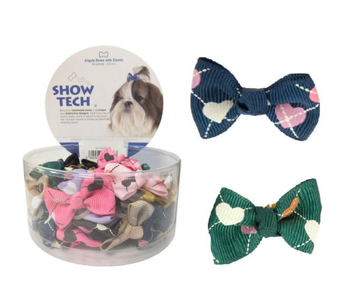 Show Tech Argyle Bows 50pcs - stylish, colorful bows on elastic bands for dogs.