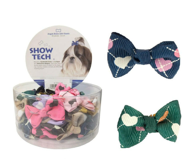 Show Tech Argyle Bows 50pcs - stylish, colorful bows on elastic bands for dogs.