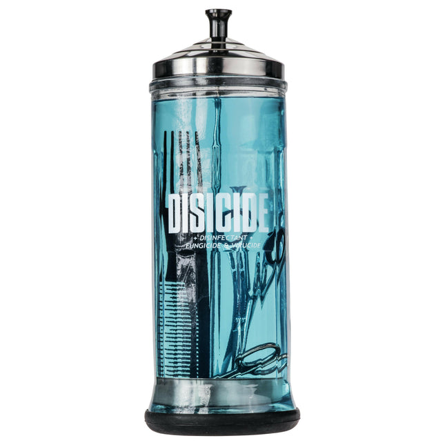 Disicide Disinfecting Glass Jar - glass container for disinfecting tools and accessories, with a basket.