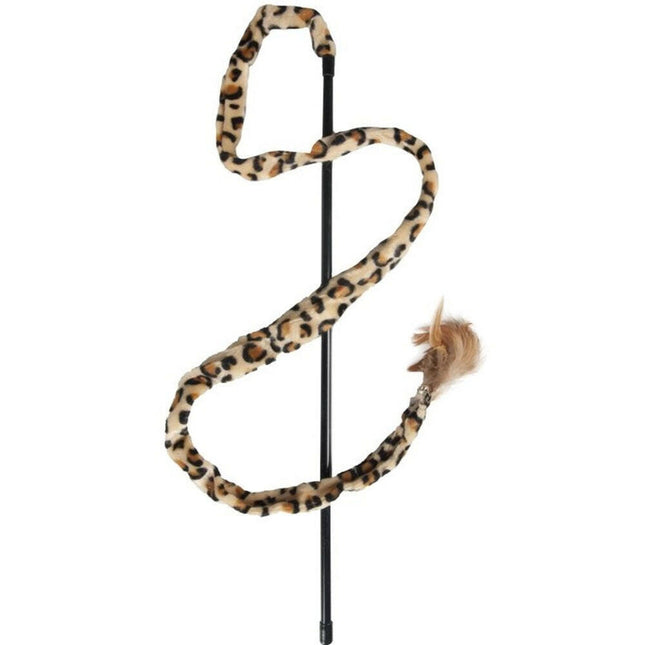 Flamingo Cat Dangler Leopard - cat wand with a long leopard print ribbon, bell, and feathers.