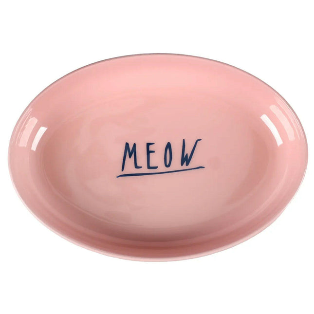 Flamingo Nell Oval Light Grey & Bowl - steel bowl for cats, oval, with the inscription MEOW.