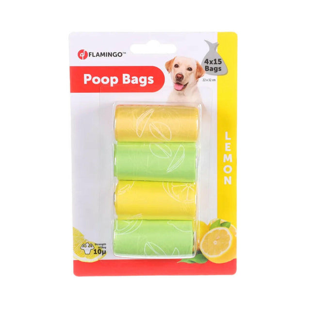 Flamingo Poop Bags Lemon Mix 4x 15 pcs - lemon-scented waste bags.