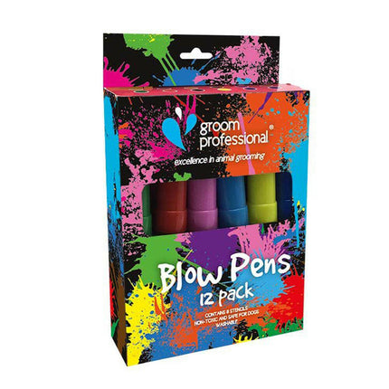 Groom Professional Creative Blow Pens 12pcs - Coloring Pens for Animal Coats (Dandelions) + Stencil Set.
