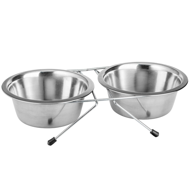 Flamingo Arjun Inox Bowl - double bowl on a stand for dogs and cats, made of stainless steel.