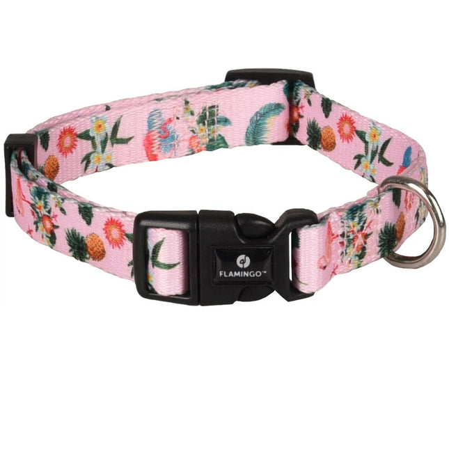 Flamingo Collar Sera - colorful adjustable dog collar, flamingo pattern, flowers.