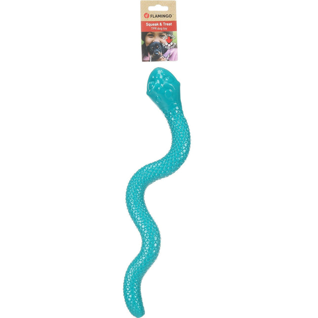 Flamingo Sneaky Snake Dog Toy - rubber snake for dog treats, with squeaker - turquoise.