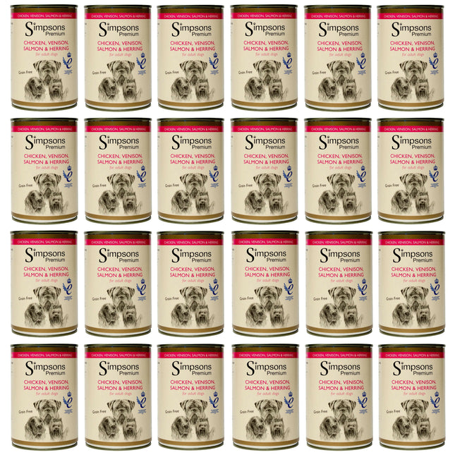 Simpsons Premium Chicken, Venison, & Herring - wet dog food with chicken, venison, salmon, herring, and vegetables, grain-free - 24x 400g.