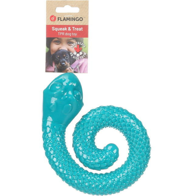 Flamingo Sneaky Snake Dog Toy - twisted rubber snake for dog treats, with a squeaker.