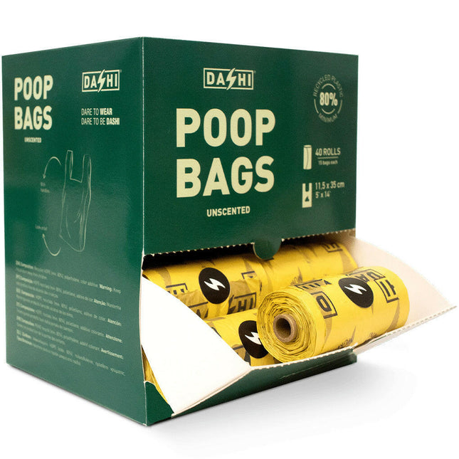 Dashi Unscented Poop Bags 40x15pcs - biodegradable dog waste bags, 11.5x35cm, with display stand.