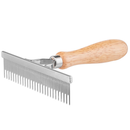 Miranda slicker brush, cross comb with mixed tooth spacing, wooden handle.
