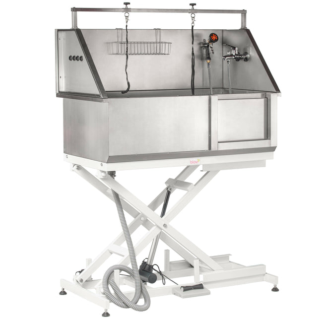 Blovi Stainless Lift Bath - stainless steel grooming tub with electric lift and sliding doors.