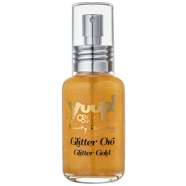 Yuup! Fashion Glitter - scented shine spray with golden particles.