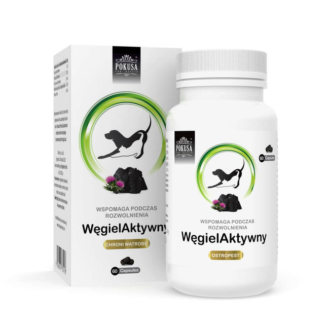 Active Charcoal 60caps - supplement supporting digestive processes for dogs and cats, with added milk thistle..