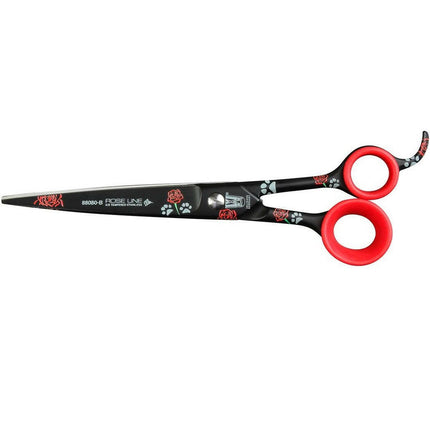 White Rose Line Art - straight scissors with a single-sided micro-grind, black with paws and roses.