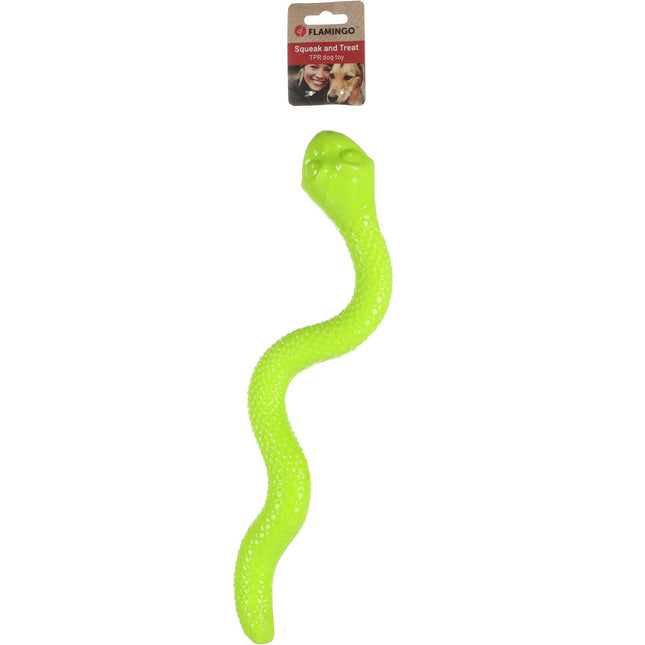 Flamingo Sneaky Snake Dog Toy - rubber snake for dog treats, with squeaker - lime green.
