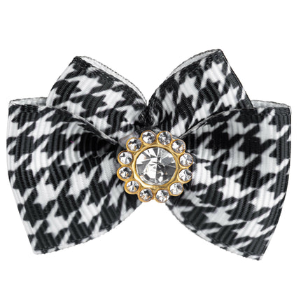 Blovi Bow Glamour handmade houndstooth bow with decorative stone.