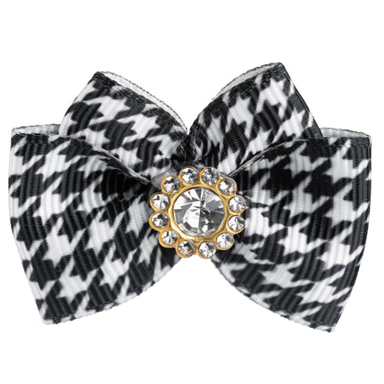 Blovi Bow Glamour handmade houndstooth bow with decorative stone.