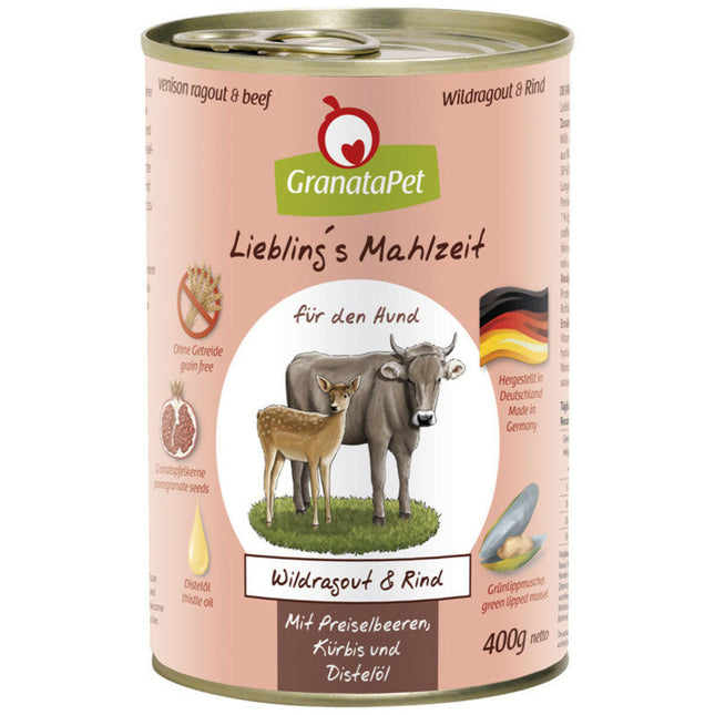 GranataPet Venison Ragout & Beef - grain-free wet dog food, venison and beef.