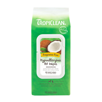Tropiclean Hypoallergenic Wipes 100 pcs - hypoallergenic, coconut cleaning wipes for pet fur.