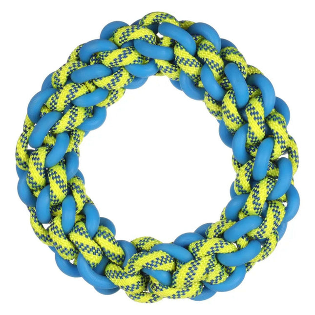 Flamingo Knotted Ring - braided tug toy for dogs, blue - yellow.