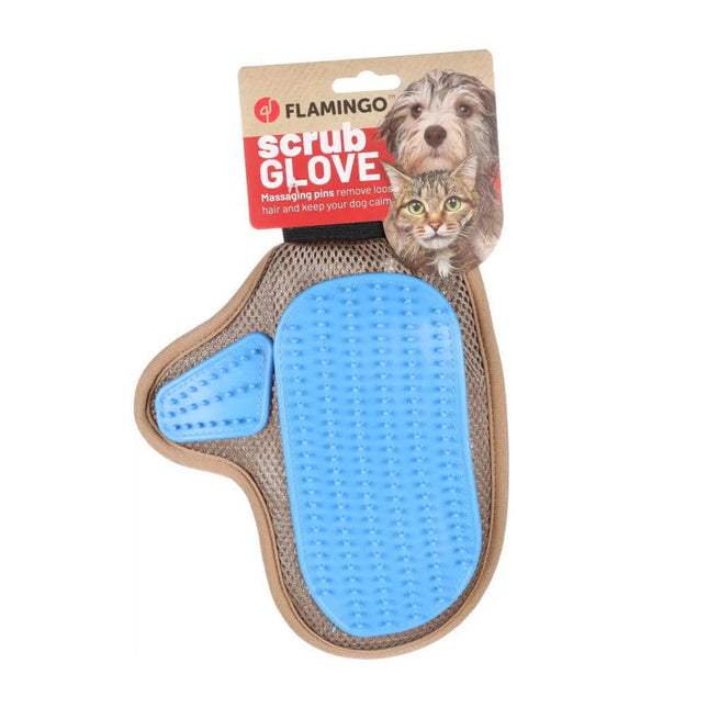 Flamingo Scrub Glove - fur glove for grooming and massage.