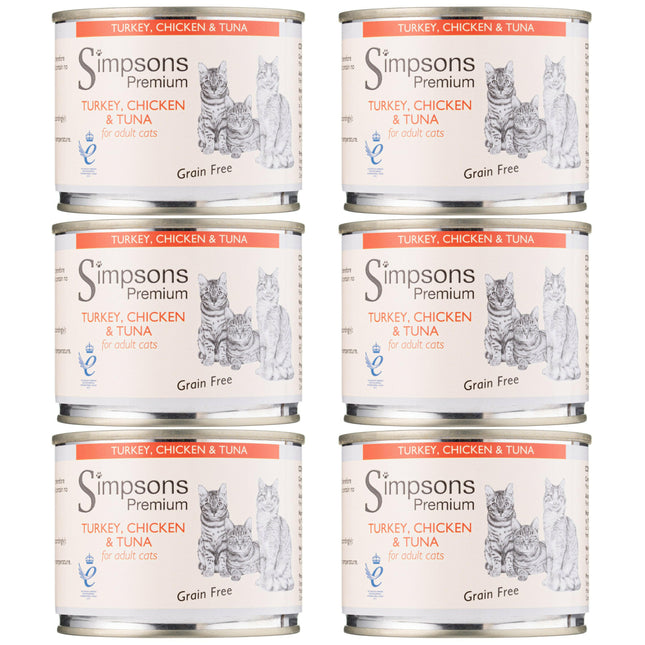 Simpsons Premium Cat Turkey, Chicken & Tuna - grain-free wet food for cats, turkey, chicken, and tuna.