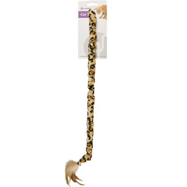 Flamingo Cat Dangler Leopard - cat wand with a long leopard print ribbon, bell, and feathers.