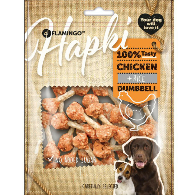 Flamingo Hapki Chicken Rice Dumbbell - dog treats, chicken, rice, beef skin.
