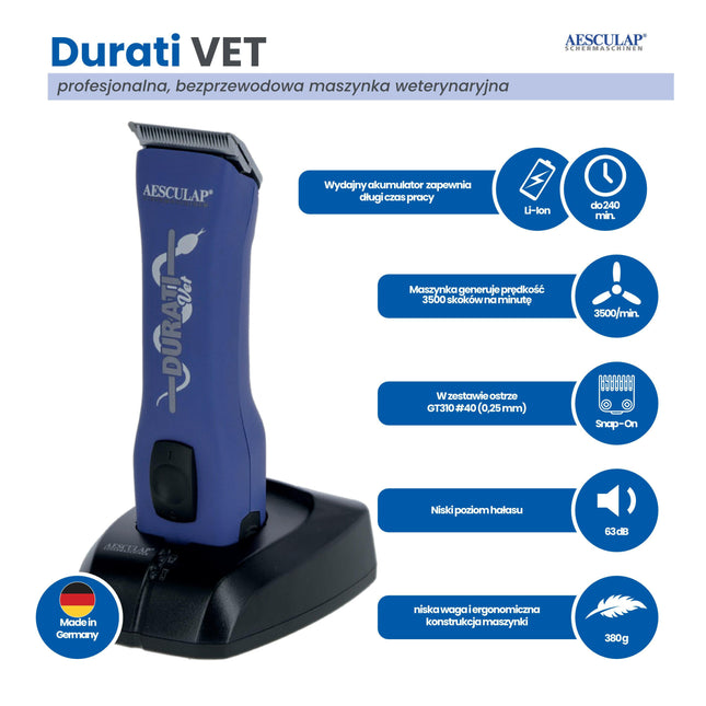 Aesculap Durati Horse - professional cordless horse clippers with blade #10W (2.4 mm), blue.