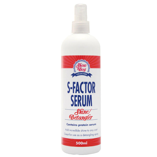 Show Dog S Factor Serum Shine/Detangler - a product with shine-enhancing and detangling properties, featuring silk proteins..