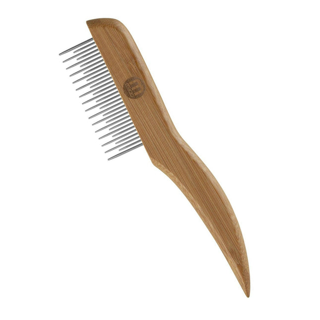 Mikki Bamboo Shedding Anti-Tangle Comb - bamboo comb with mixed tooth spacing, rotating pins.