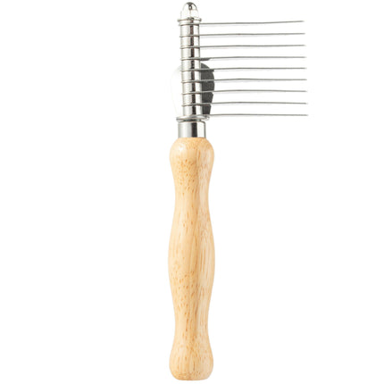 Chadog slicker brush with a wooden handle and long side blades.