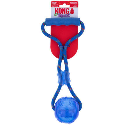 KONG Squeezz Ball with Rope - always squeaking ball on a string for dogs, tug toy with handle