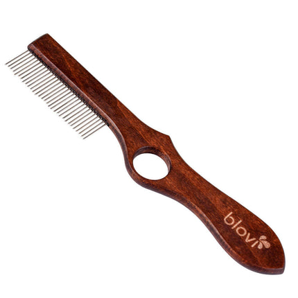Blovi Wooden Comb - wooden comb for dogs, with rotating teeth and a finger hole.