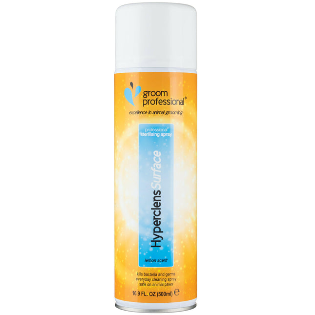 Groom Professional Hyperclens Surface Spray - cleaning and disinfecting surface preparation with a lemon scent.