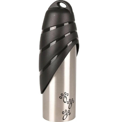 Flamingo Fin Portable Water Dispenser - stainless steel bottle for dogs, with bowl.