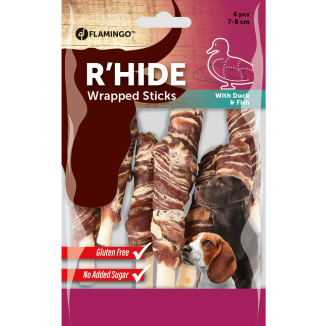 Flamingo R'hide Wrapped Sticks - aromatic treats for dogs with duck and cod.