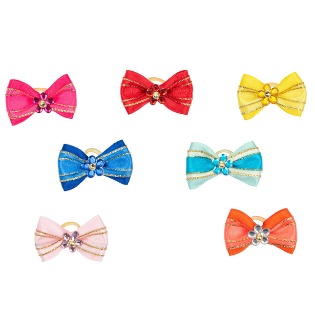 Blovi Bows 25 pcs - colorful bows for dogs, with a flower and golden thread, on an elastic band.