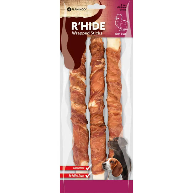 Flamingo R'Hide Wrapped Sticks - dog treats, sticks wrapped in duck.