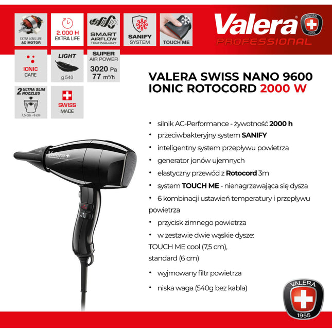 Valera Swiss Nano 9600 Ionic Rotocord - professional handheld hair dryer with a rotating cord, black.