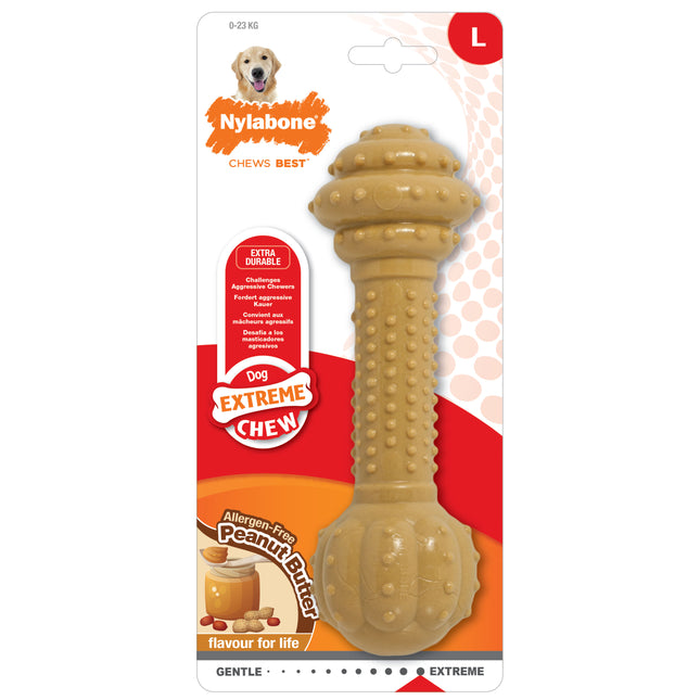 Nylabone Extreme Barbell Peanut Butter Chew - durable chew toy for larger dogs, flavored with peanut butter