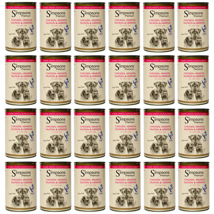 Simpsons Premium Chicken, Venison, & Herring - wet dog food with chicken, venison, salmon, herring, and vegetables, grain-free - 24x 400g