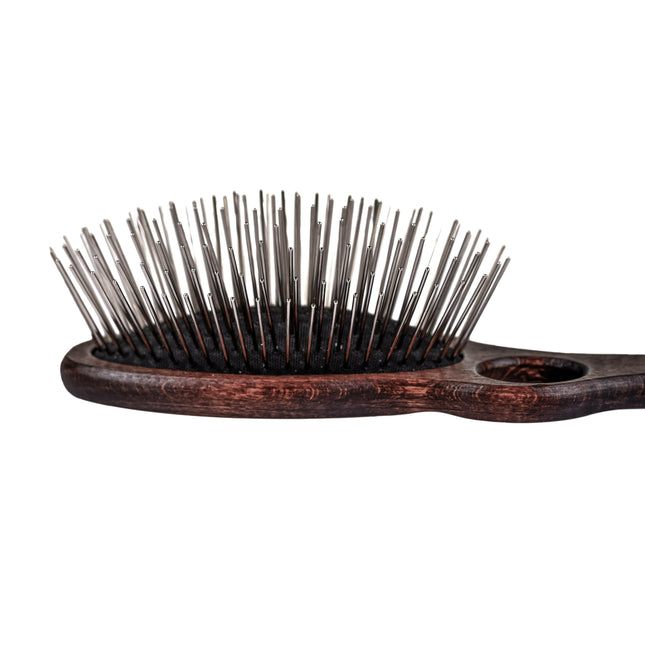 Blovi Wood Pin Brush - large, sturdy wooden brush with a long metal pin and a finger hole.