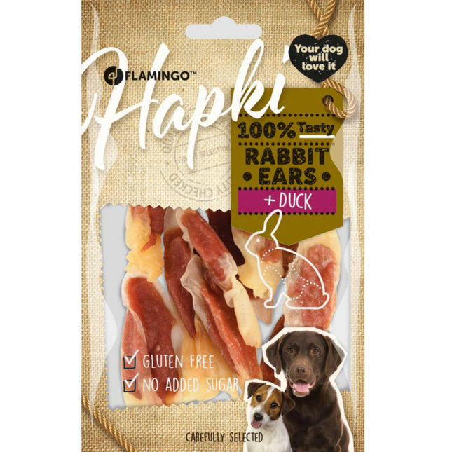 Flamingo Hapki Rabbit Ears Duck - natural dog treat, rabbit ears with duck.