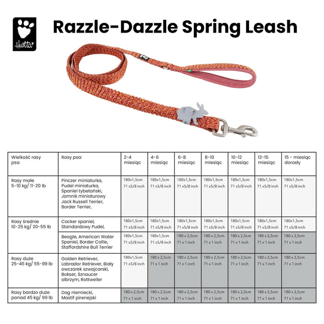 Hurtta Razzle Dazzle Spring Leash Beetroot - cushioned leash for puppies, with a soft handle.