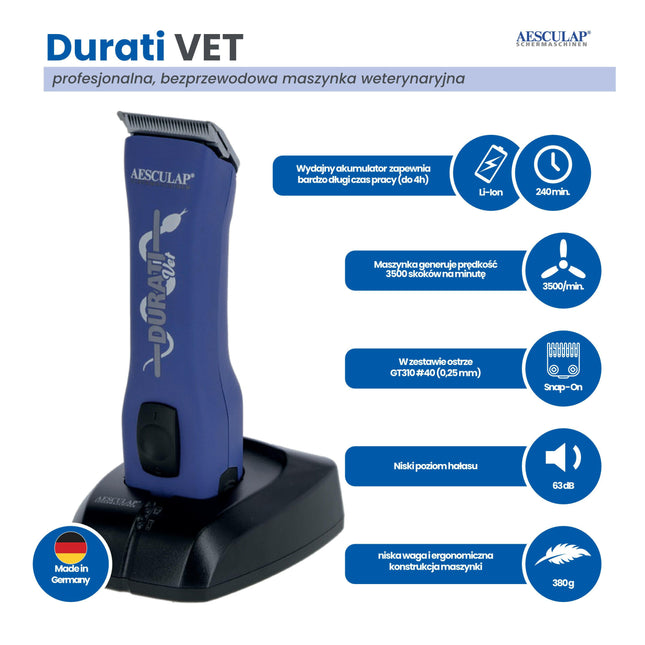 Aesculap Durati VET - professional, cordless veterinary clipper with blade #40 (0.25mm), blue.