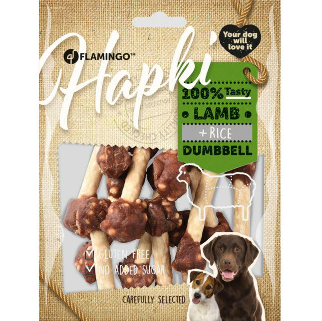 Flamingo Hapki Lamb Rice Dumbbell - dog treats, lamb, rice, and beef hide.